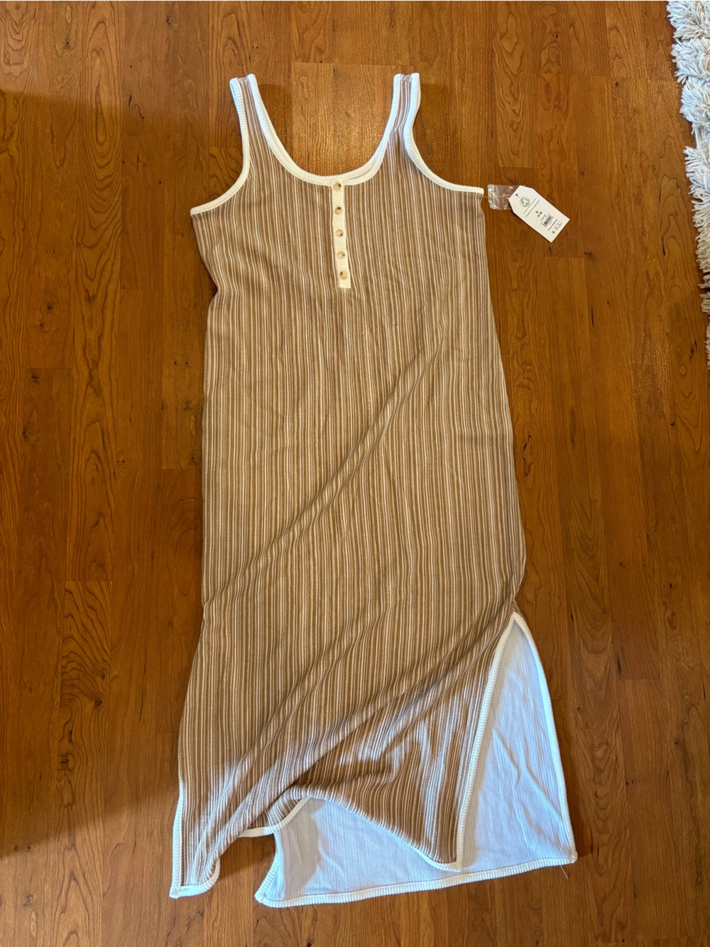 Ribbed Maternity Tank Dress with Trim - Beige/White